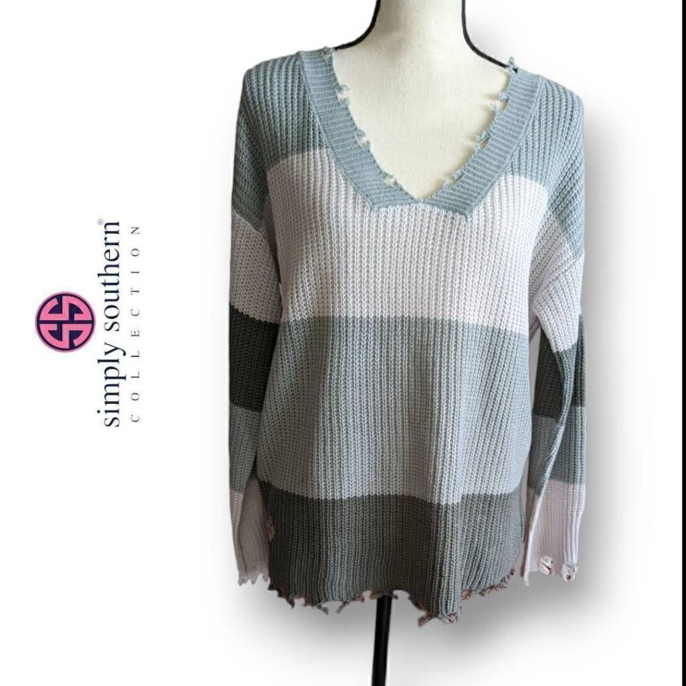 Simply Southern Womens Sweater Knitted V Neckline Distress Medium